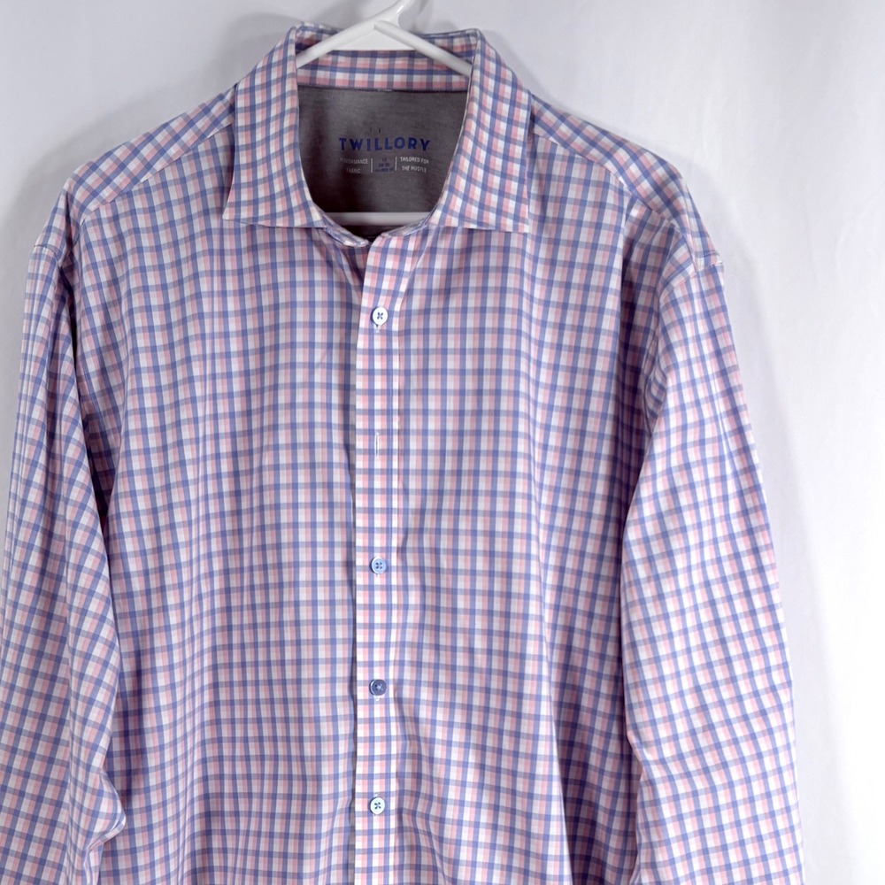 Twillory Performance Dress Shirt Pink Blue Gingham Check Tailored‎ Fit 18 34/35
